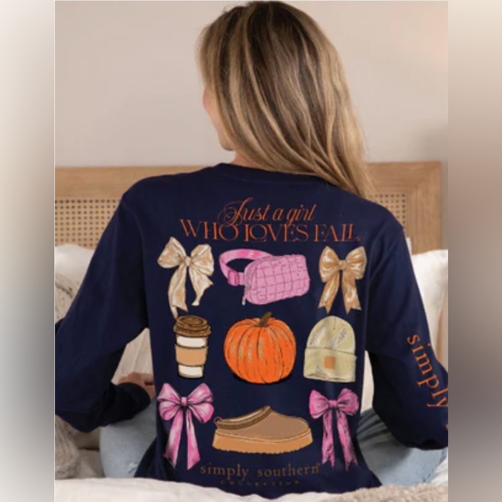 SIMPLY SOUTHERN  Navy Fall Graphic Long Sleeve Shirt SIZE: SMALL